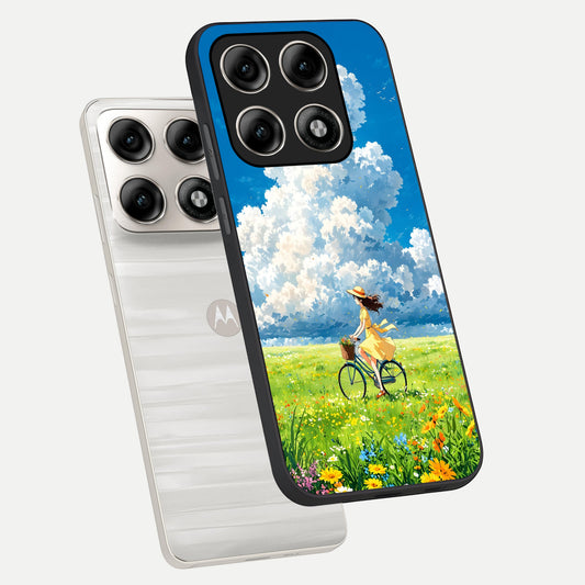 Breezy Meadow Ride phone case For Moto Edge 70 Pro showing premium glass back cover with detailed artwork