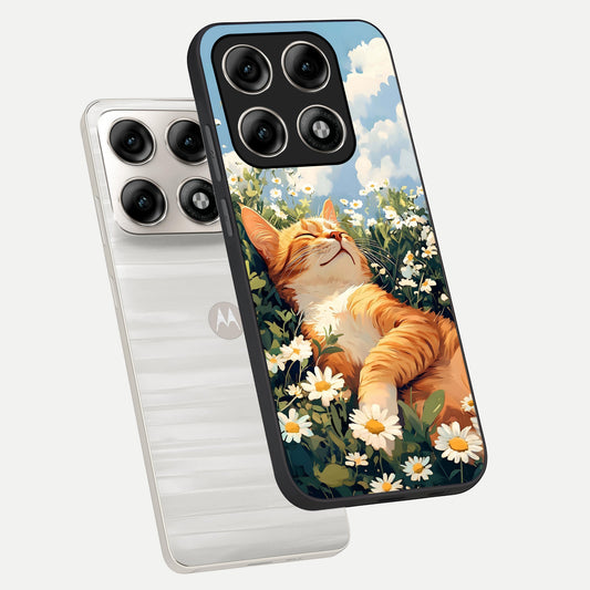 Cat And Flowers View phone case For Moto Edge 70 Pro showing premium glass back cover with detailed artwork
