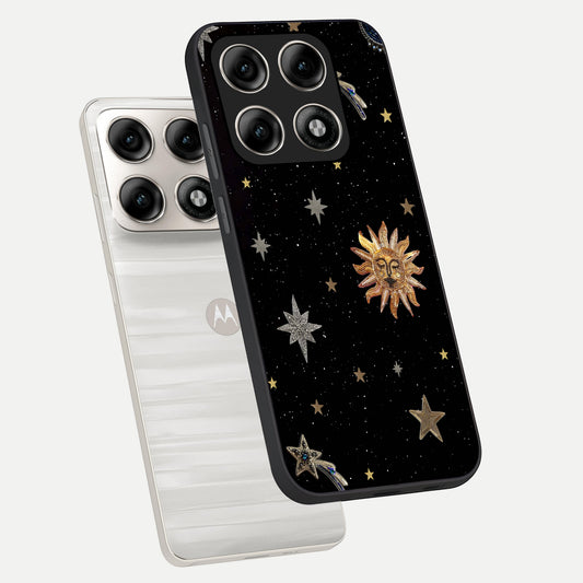 Celestial Moon With Stars phone case For Moto Edge 70 Pro showing premium glass back cover with detailed artwork