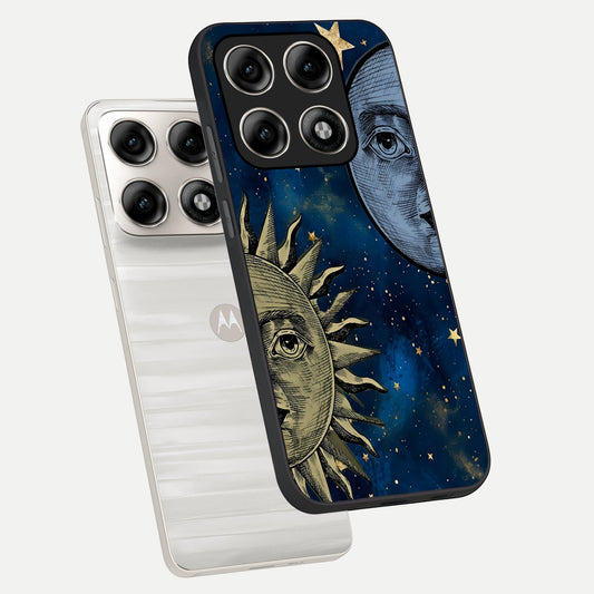 Celestial Moon With Sun phone case For Moto Edge 70 Pro showing premium glass back cover with detailed artwork