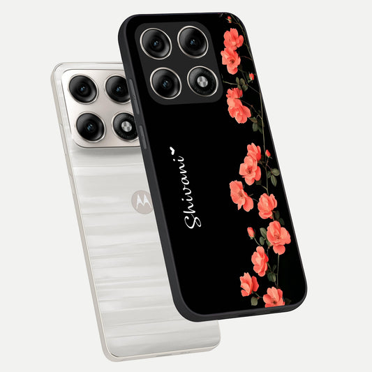 Crimson Bloom Grace Custom Name phone case For Moto Edge 70 Pro showing premium glass back cover with detailed artwork