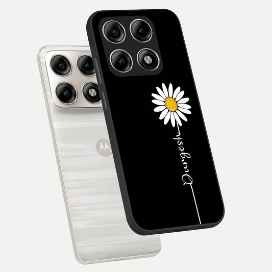 Custom Name White Flower phone case For Moto Edge 70 Pro showing premium glass back cover with detailed artwork
