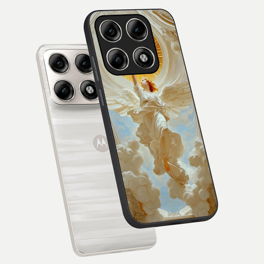 Divine Light Angel phone case For Moto Edge 70 Pro showing premium glass back cover with detailed artwork