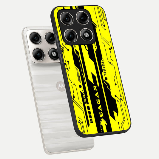 Electric Pulse CYBERPUNK Custom Name phone case For Moto Edge 70 Pro showing premium glass back cover with detailed artwork