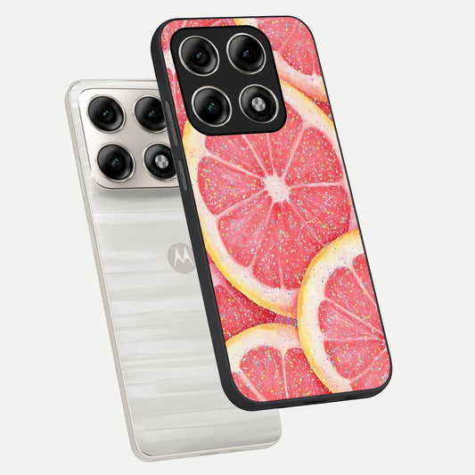 Glitter Grapefruit phone case For Moto Edge 70 Pro showing premium glass back cover with detailed artwork