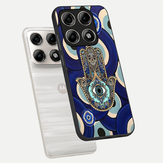 Hamsa Divine Guard phone case For Moto Edge 70 Pro showing premium glass back cover with detailed artwork