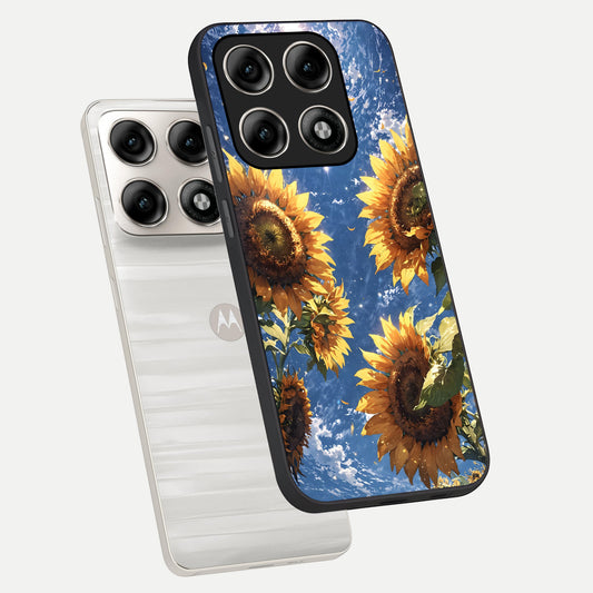 Heavenly Sunflower Rise phone case For Moto Edge 70 Pro showing premium glass back cover with detailed artwork