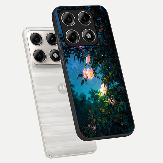 Midnight Bloom Glow phone case For Moto Edge 70 Pro showing premium glass back cover with detailed artwork