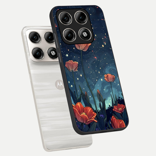 Midnight Tulip Glow phone case For Moto Edge 70 Pro showing premium glass back cover with detailed artwork