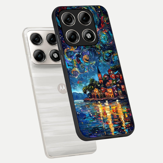 Moonlight Harbor Glow phone case For Moto Edge 70 Pro showing premium glass back cover with detailed artwork