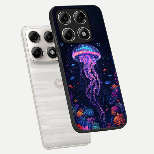 Neon Jellyfish phone case For Moto Edge 70 Pro showing premium glass back cover with detailed artwork