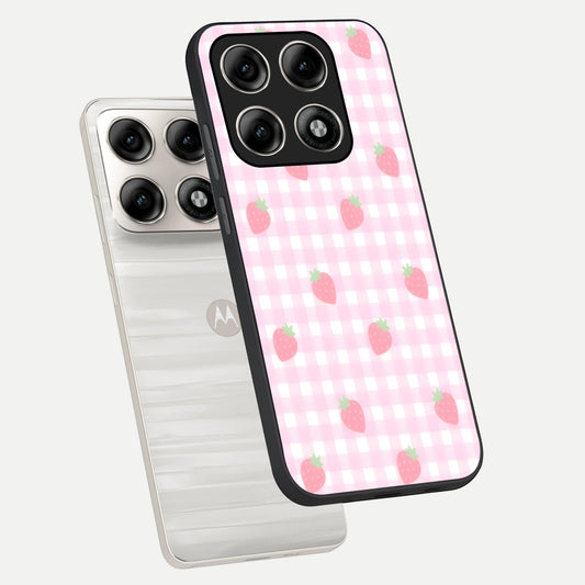 Strawberry Picnic Love phone case For Moto Edge 70 Pro showing premium glass back cover with detailed artwork