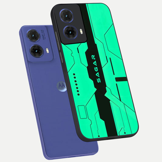 Aqua Tech CYBERPUNK Custom Name phone case For Moto G85 showing premium glass back cover with detailed artwork