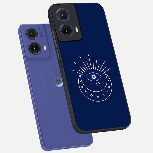 Blue Evil Eye phone case For Moto G85 showing premium glass back cover with detailed artwork
