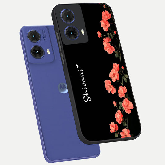 Crimson Bloom Grace Custom Name phone case For Moto G85 showing premium glass back cover with detailed artwork