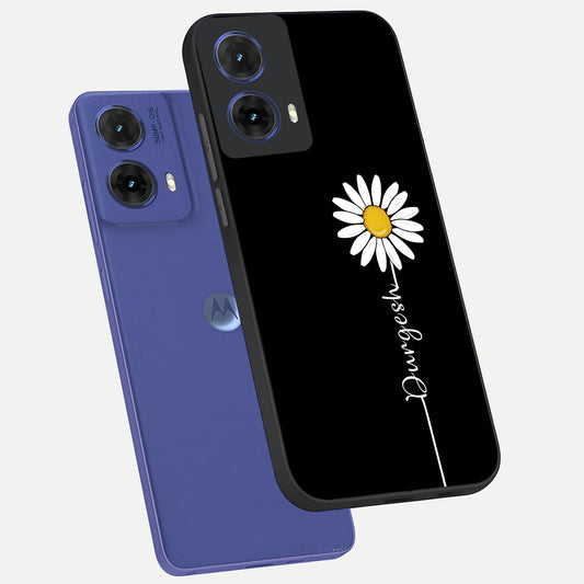 Custom Name White Flower phone case For Moto G85 showing premium glass back cover with detailed artwork
