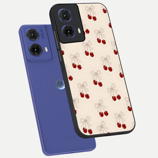 Cute Cherry Pattern phone case For Moto G85 showing premium glass back cover with detailed artwork