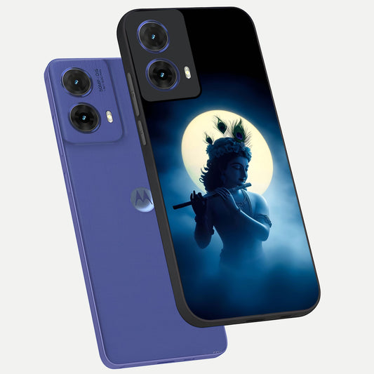 Divine Moon Flute phone case For Moto G85 showing premium glass back cover with detailed artwork