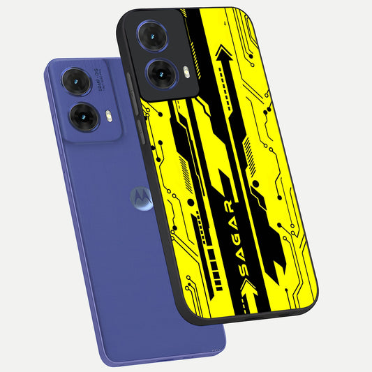 Electric Pulse CYBERPUNK Custom Name phone case For Moto G85 showing premium glass back cover with detailed artwork