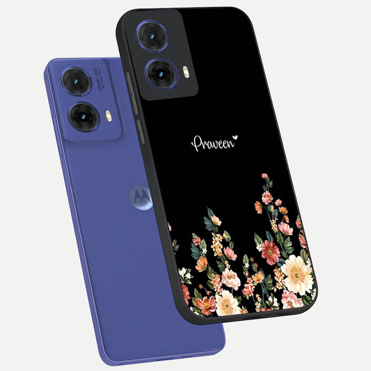 Floral Design Personalized Custom Name phone case For Moto G85 showing premium glass back cover with detailed artwork