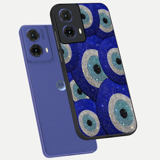 Galaxy Eye Flow phone case For Moto G85 showing premium glass back cover with detailed artwork