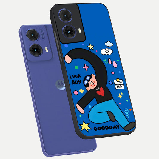 Happy Luck Vibe phone case For Moto G85 showing premium glass back cover with detailed artwork