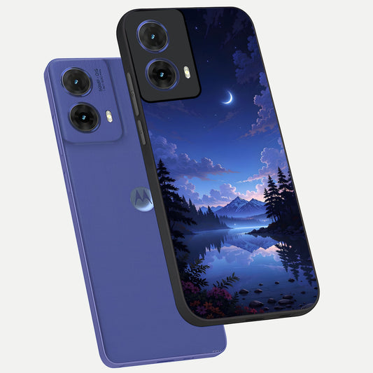 Midnight Lake Peace phone case For Moto G85 showing premium glass back cover with detailed artwork