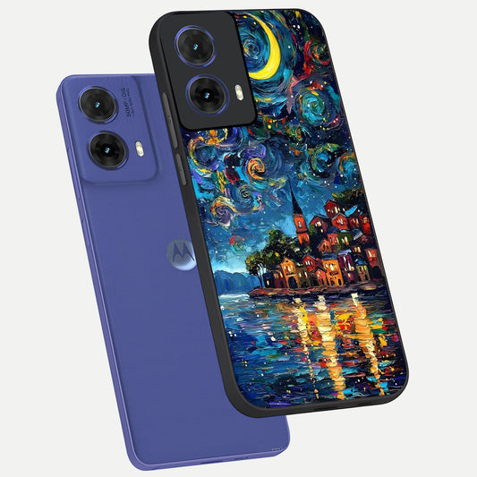 Moonlight Harbor Glow phone case For Moto G85 showing premium glass back cover with detailed artwork