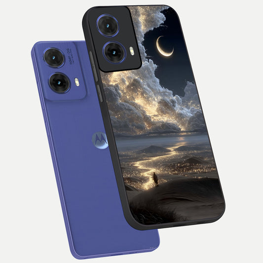 Moonlight Spark Path phone case For Moto G85 showing premium glass back cover with detailed artwork