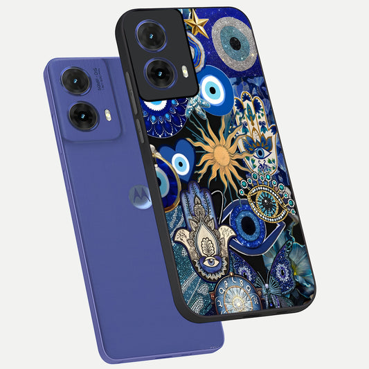Mystic Blue Evil Eye phone case For Moto G85 showing premium glass back cover with detailed artwork