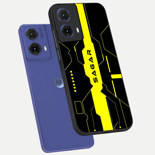 Neon CYBERPUNK Custom Name phone case For Moto G85 showing premium glass back cover with detailed artwork