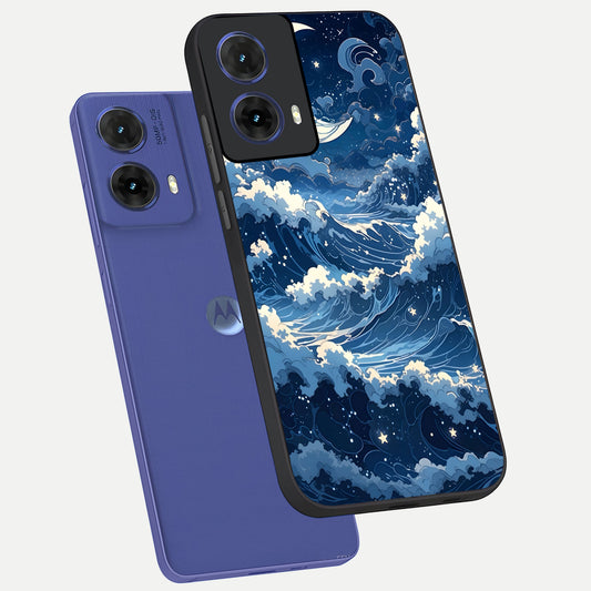 Ocean Moon Waves phone case For Moto G85 showing premium glass back cover with detailed artwork