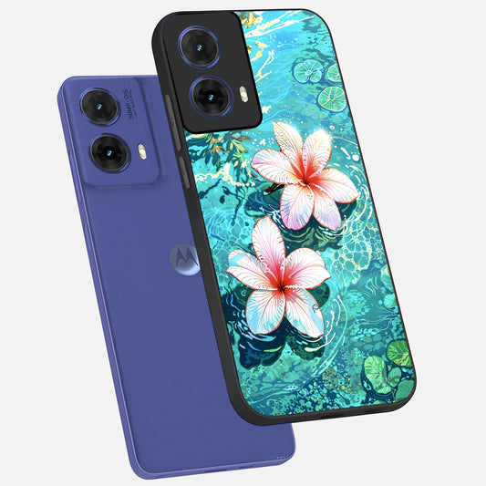 Pink Flowers in Water phone case For Moto G85 showing premium glass back cover with detailed artwork