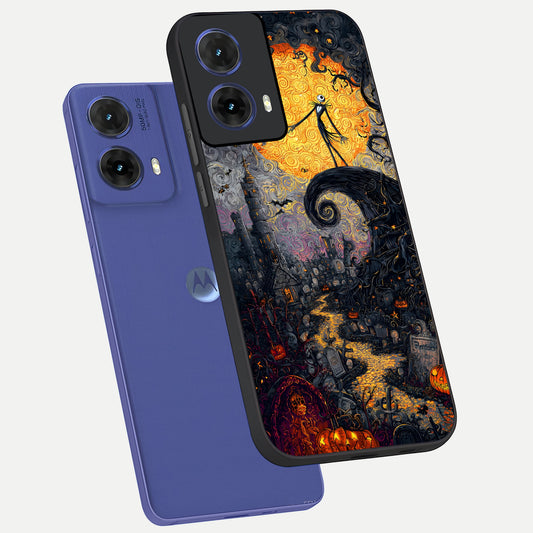 Pumpkin Moon Night phone case For Moto G85 showing premium glass back cover with detailed artwork