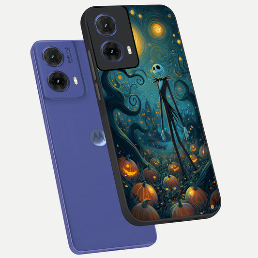 Pumpkin Moonlight Tale phone case For Moto G85 showing premium glass back cover with detailed artwork