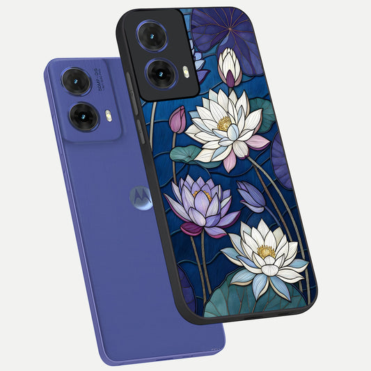 Purple Lotus Stained phone case For Moto G85 showing premium glass back cover with detailed artwork