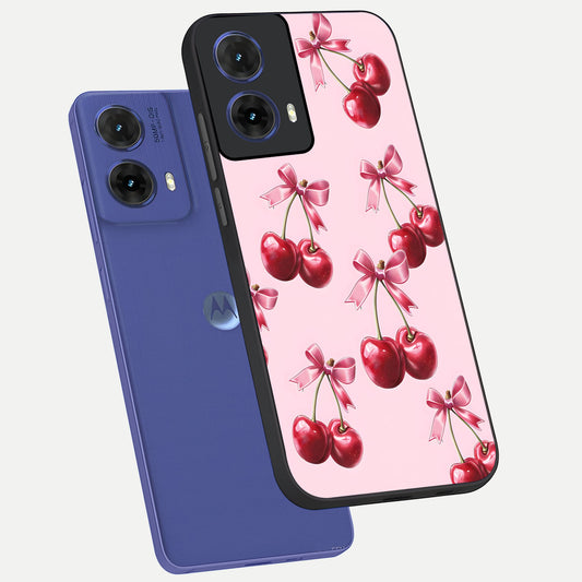 Red Cherries Pattern phone case For Moto G85 showing premium glass back cover with detailed artwork