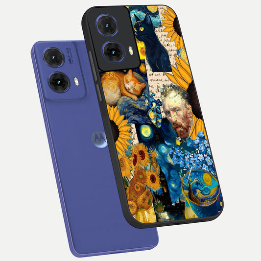 Sunflower Chic Mood Custom Name phone case For Moto G85 showing premium glass back cover with detailed artwork