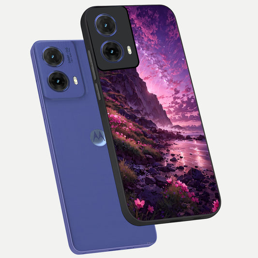 Twilight Blossom Coast phone case For Moto G85 showing premium glass back cover with detailed artwork