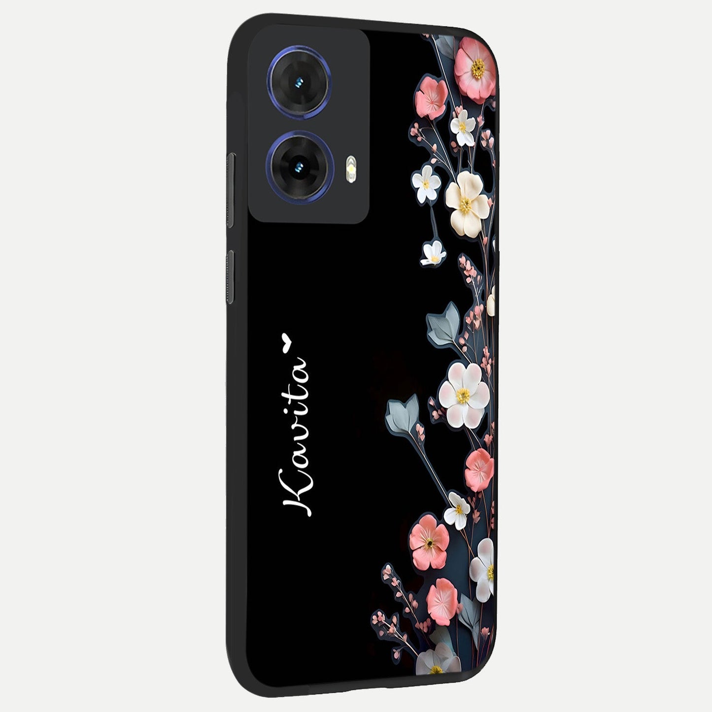 Black Elegance Floral Custom Name back cover For Moto G85 slim fit glass case with vibrant aesthetic design