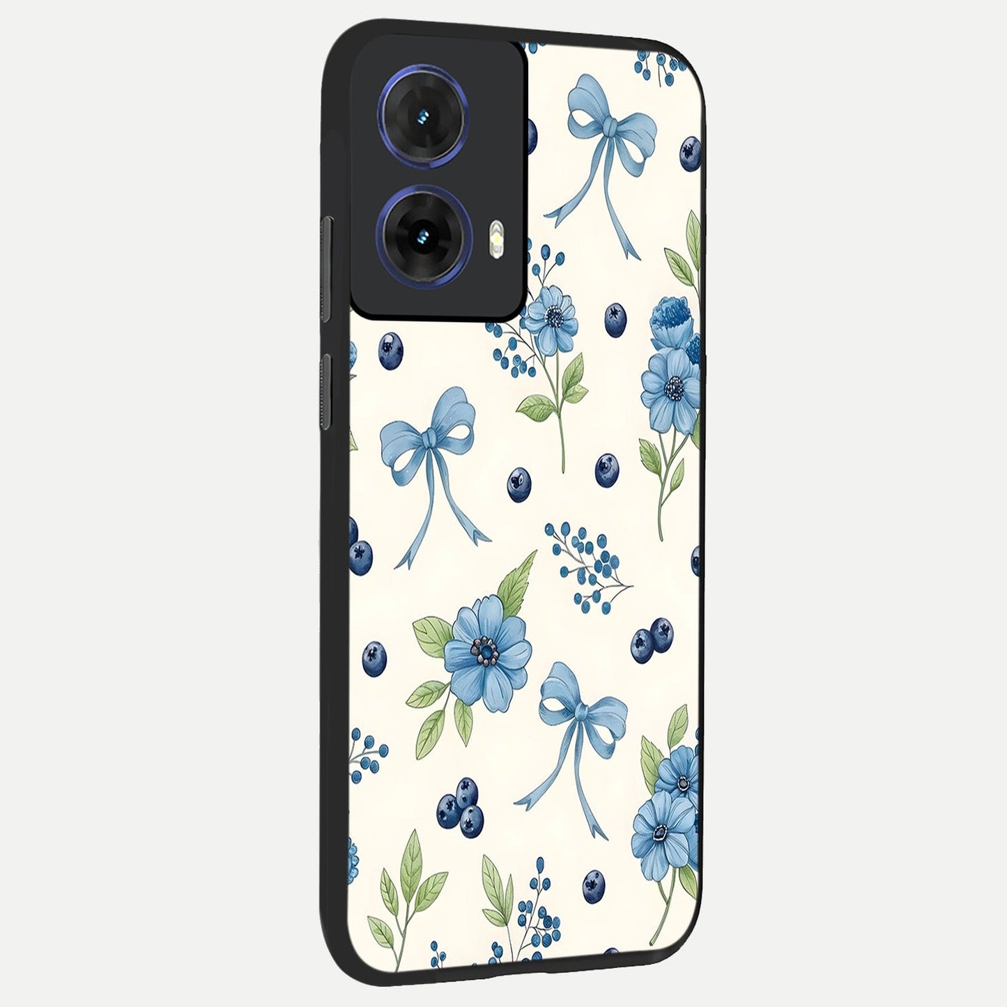 Blue Flower And Bow back cover For Moto G85 slim fit glass case with vibrant aesthetic design