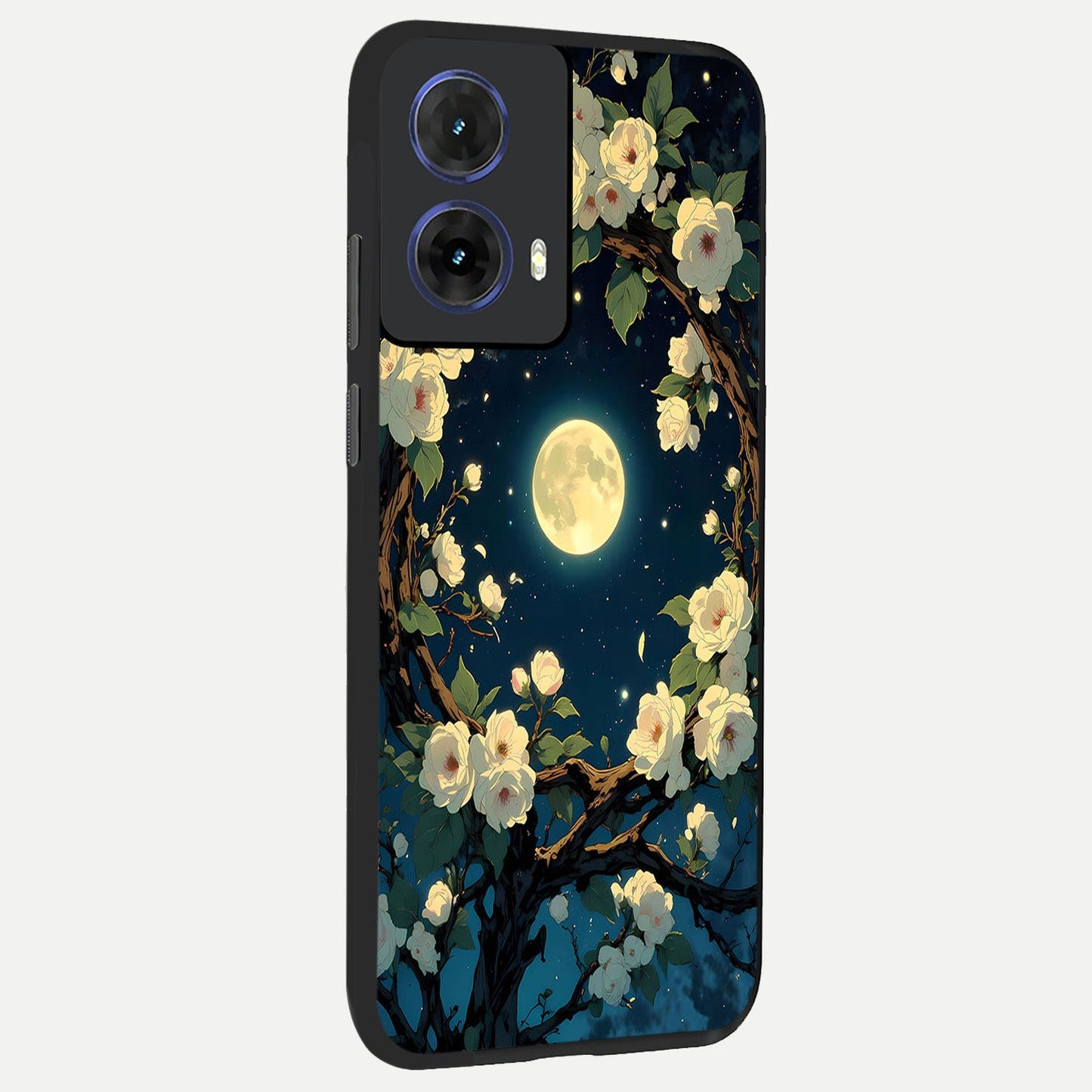 Celestial Moon And Flower back cover For Moto G85 slim fit glass case with vibrant aesthetic design