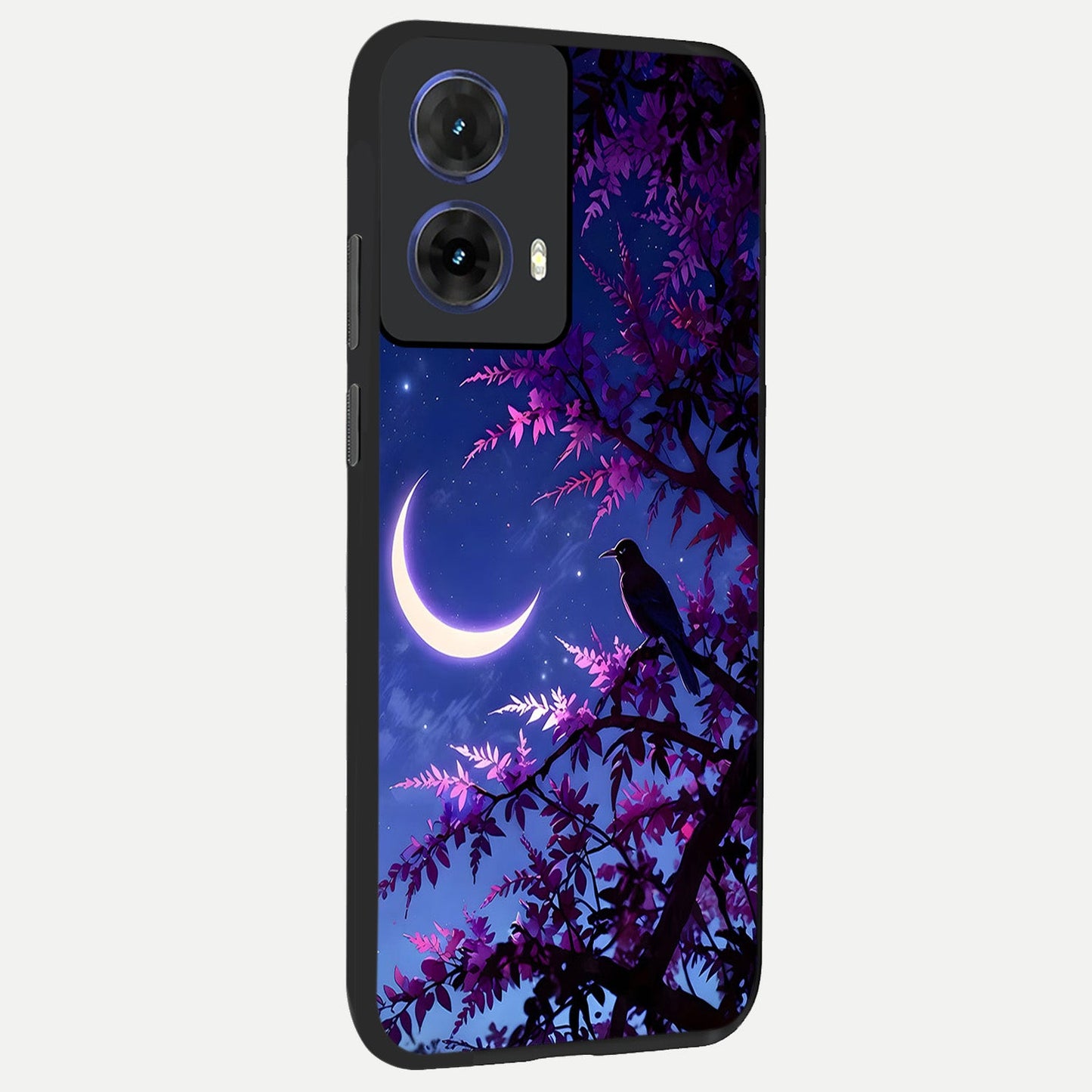 Crow And Moon Scenery back cover For Moto G85 slim fit glass case with vibrant aesthetic design