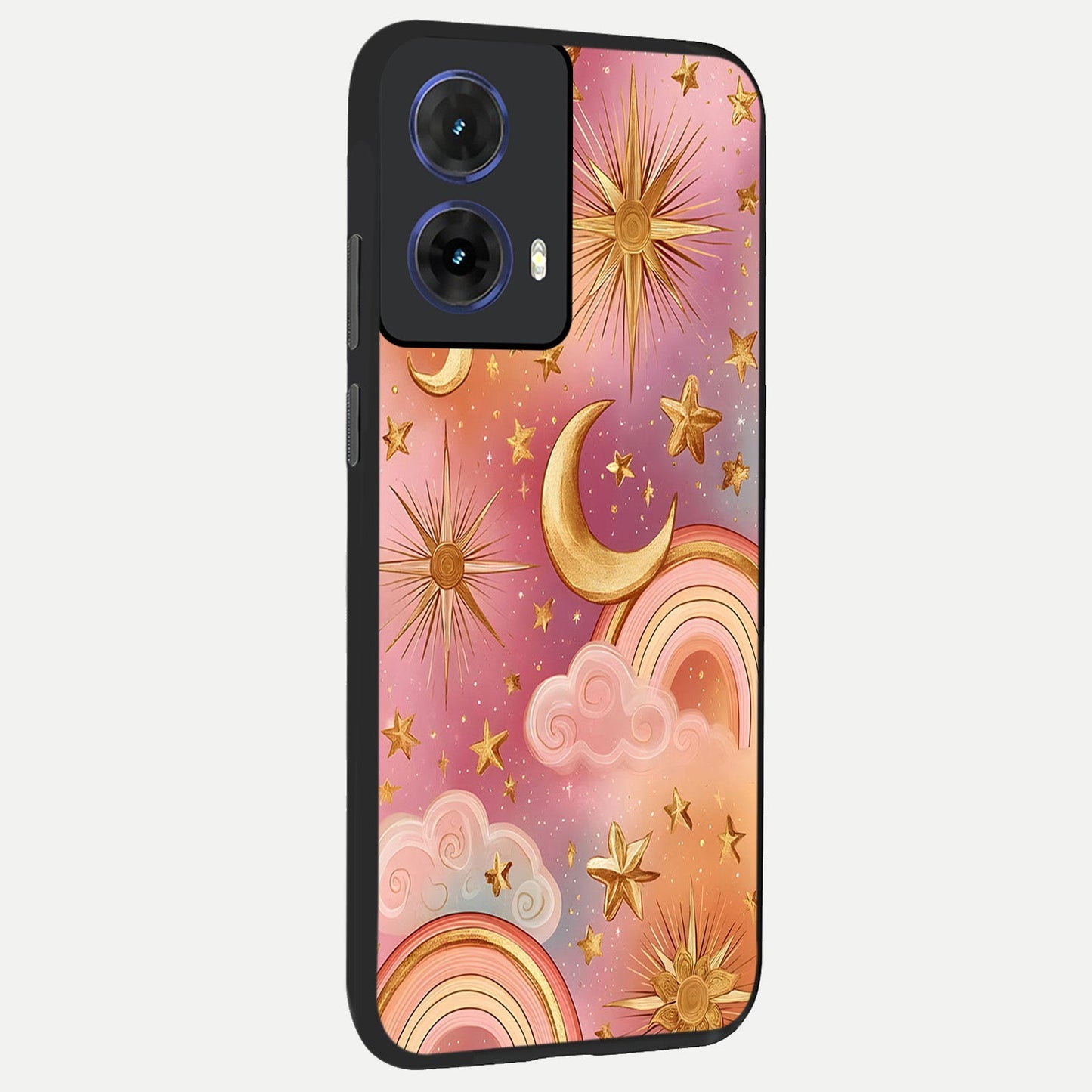 Golden Celestial Dreams back cover For Moto G85 slim fit glass case with vibrant aesthetic design