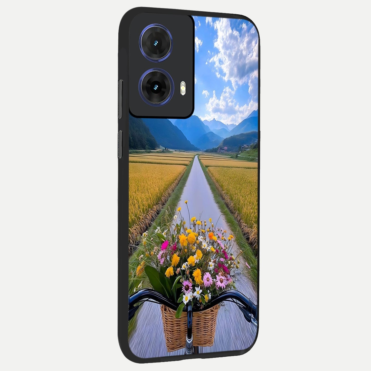 Golden Field Journey back cover For Moto G85 slim fit glass case with vibrant aesthetic design