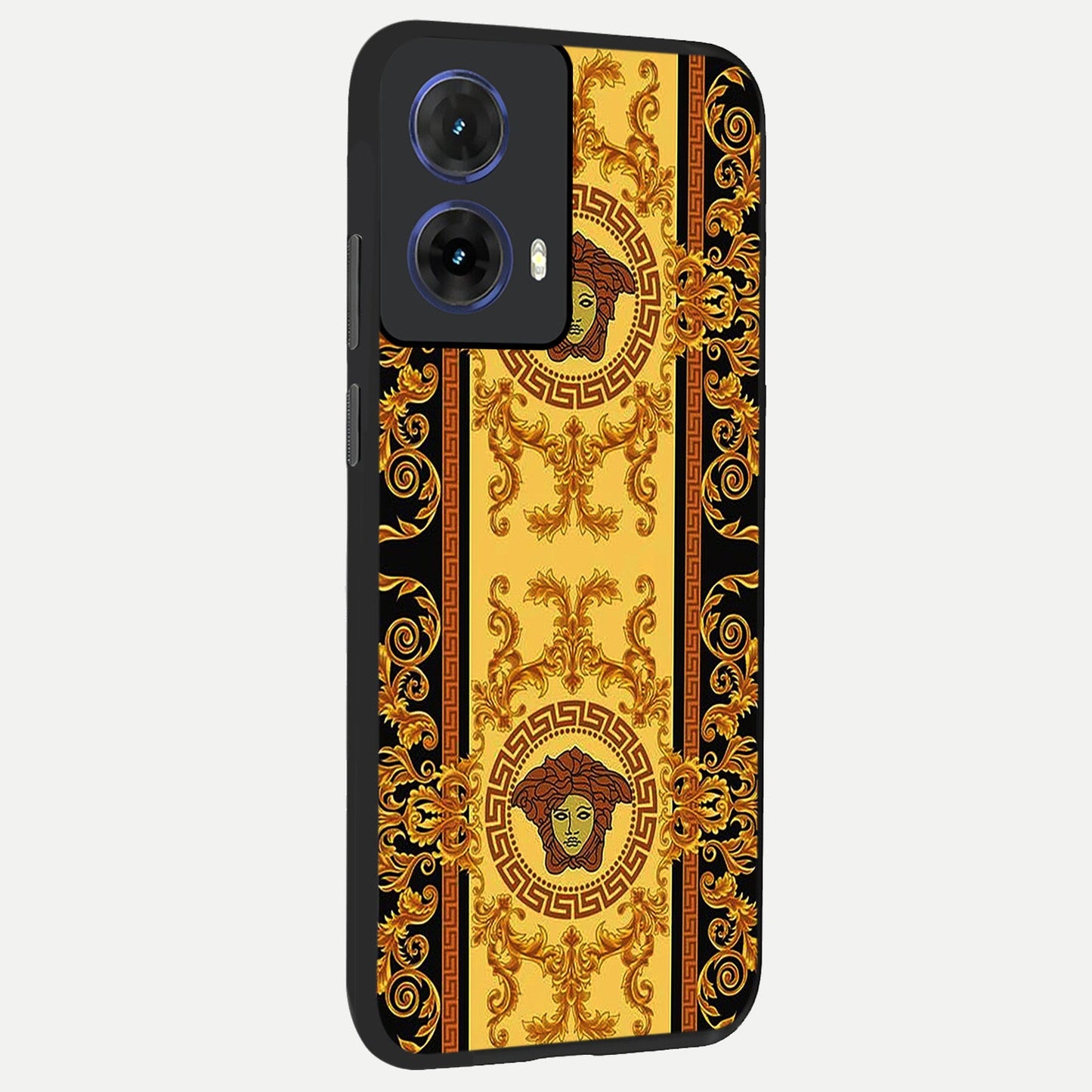 Golden Royal Heritage back cover For Moto G85 slim fit glass case with vibrant aesthetic design