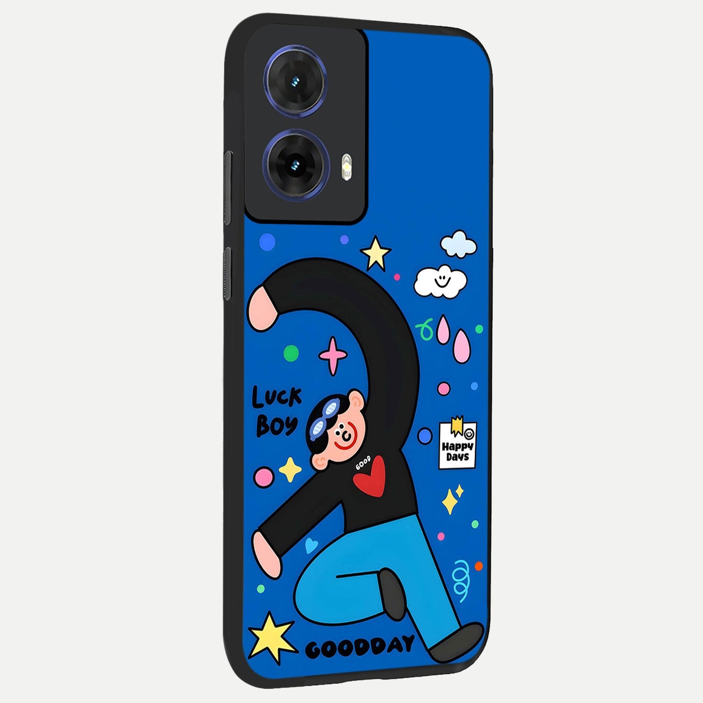 Happy Luck Vibe back cover For Moto G85 slim fit glass case with vibrant aesthetic design