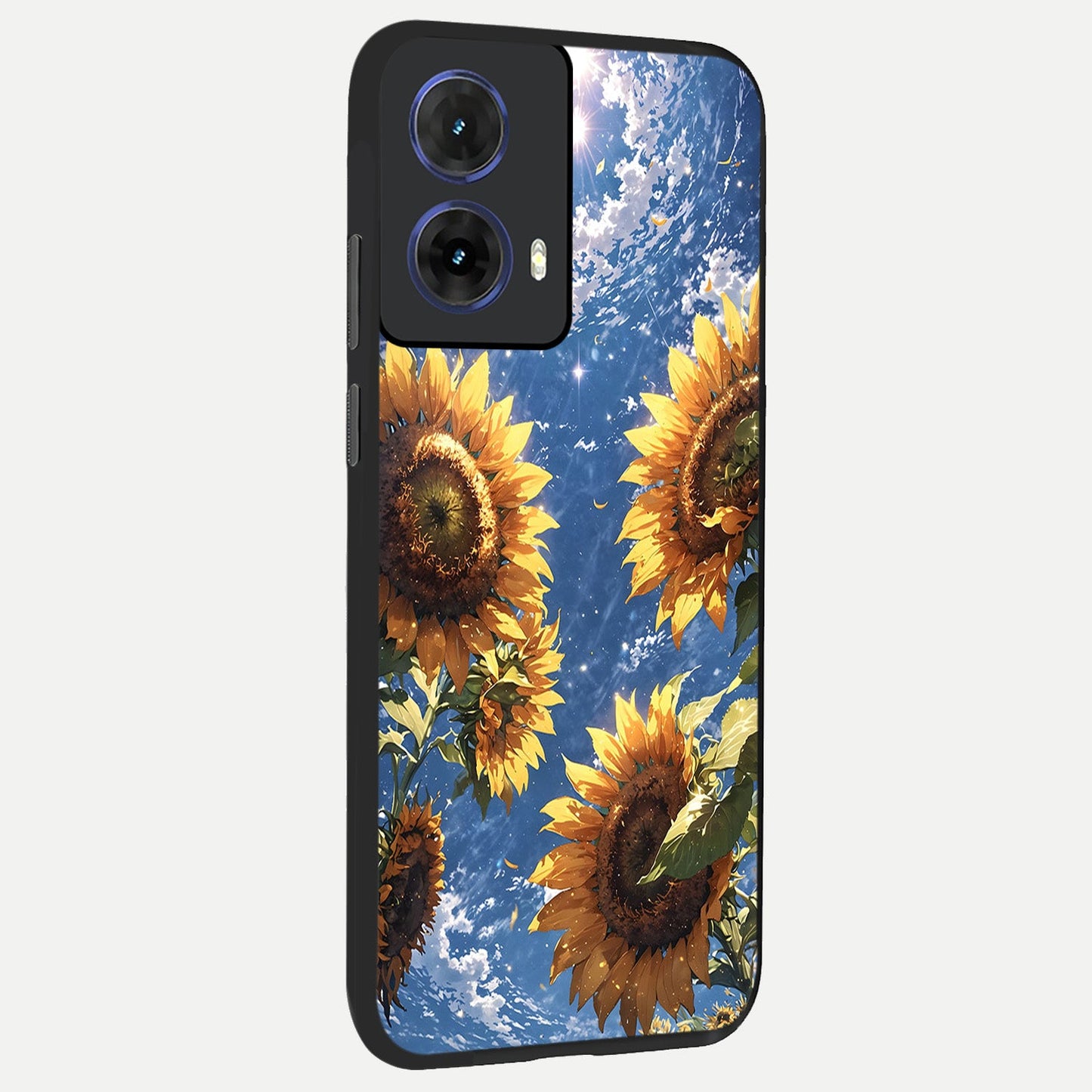 Heavenly Sunflower Rise back cover For Moto G85 slim fit glass case with vibrant aesthetic design