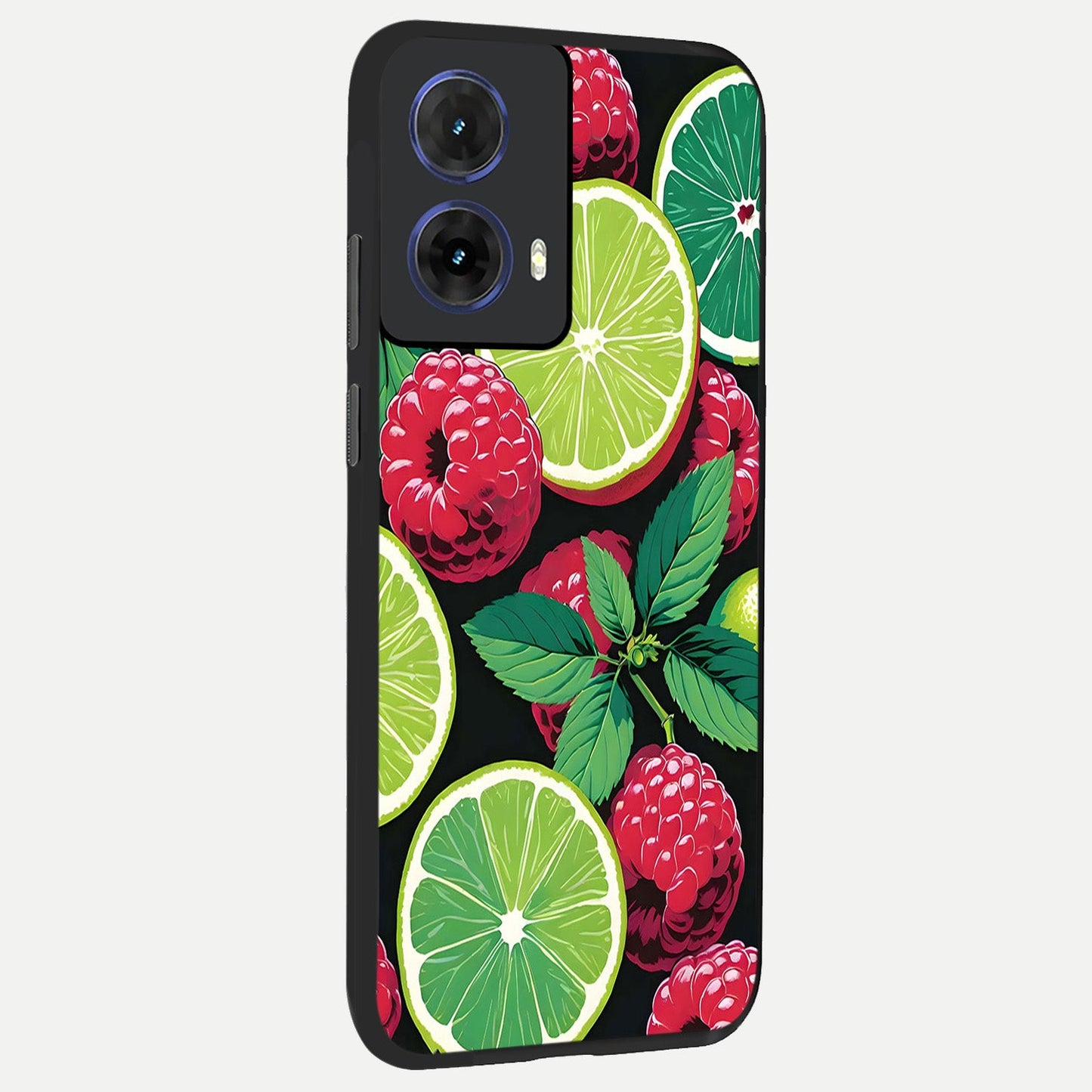 Lime and Raspberry Pattern back cover For Moto G85 slim fit glass case with vibrant aesthetic design