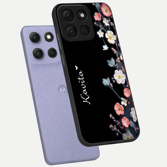 Black Elegance Floral Custom Name phone case For Moto G86 Power showing premium glass back cover with detailed artwork